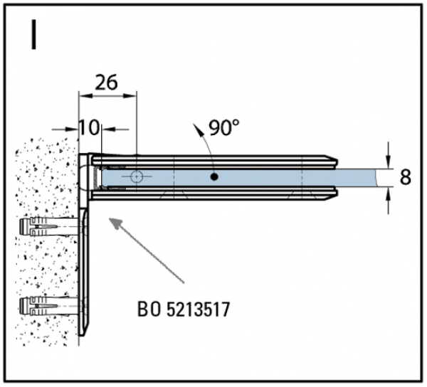 Duschtürband Milano Pur Glas-Wand 90° einseitige Wandmontage mit Spritzschutz