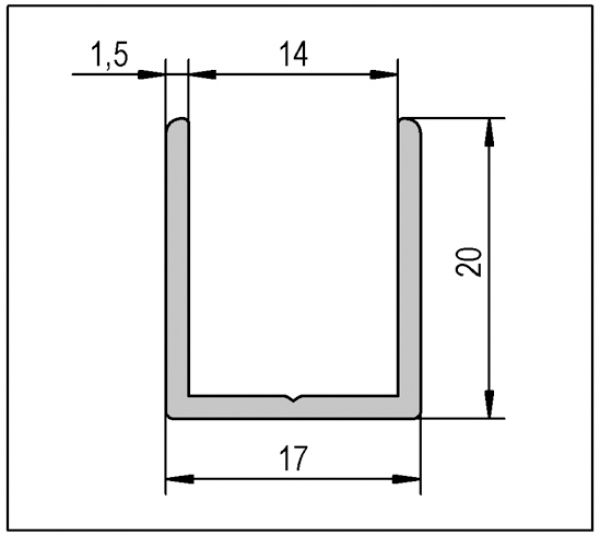 U Profil 2500 mm Länge für 10 bis 12,76 mm Glasstärke